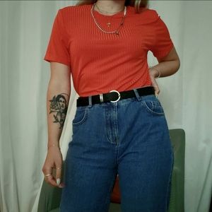 3/20$ - VINTAGE ORANGE STRIPED SHIRT SIZE M SHOULDER PADS